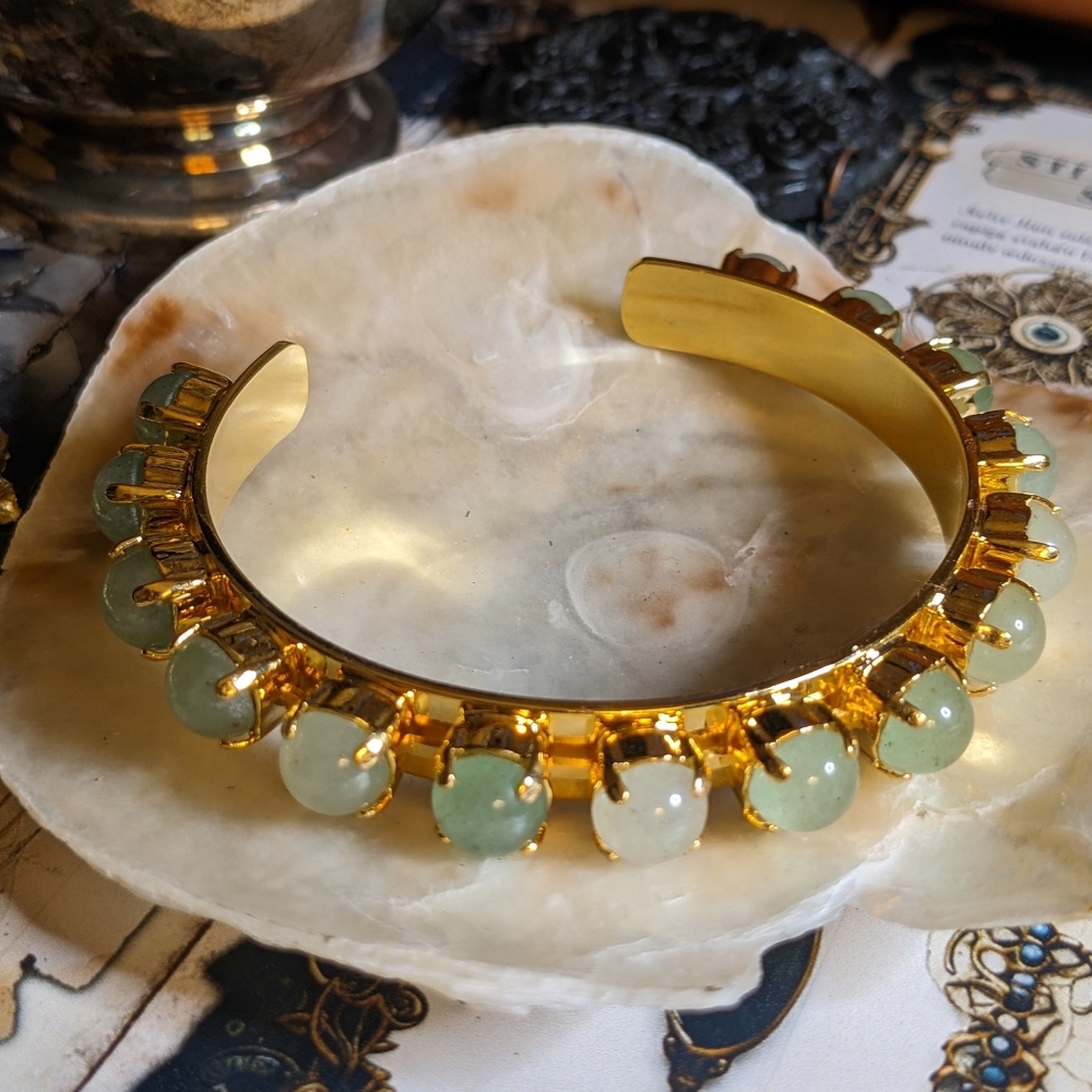 Genuine Green Jade Cuff Bracelet in 14K Gold Plated